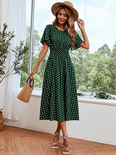 Verdusa Women's Polka Dots Print Short Sleeve Shirred A Line Flared Midi Dress Dark Green S #TOP4