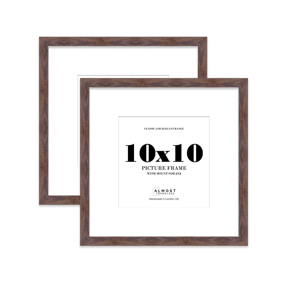 10x10 Walnut Picture Frame with Mount for 8x8 Photos, Prints - Modern Square Wall Frame, Set of 2