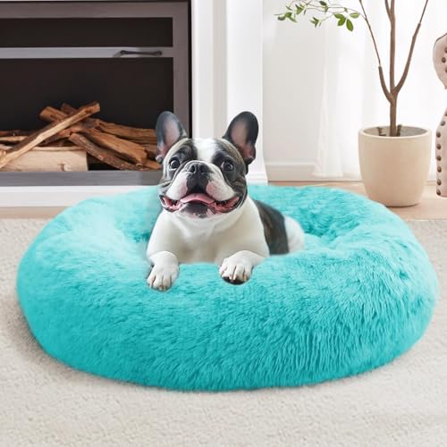 Image of JOLLYVOGUE Calming Dog Bed for Small Dogs - 23 inches Donut Washable Small Dog Bed for Kittens & Puppies, Anti-Slip Round Fluffy Plush Faux Fur Cat Beds (Fits up to 25 lbs Pets, Aqua Blue)