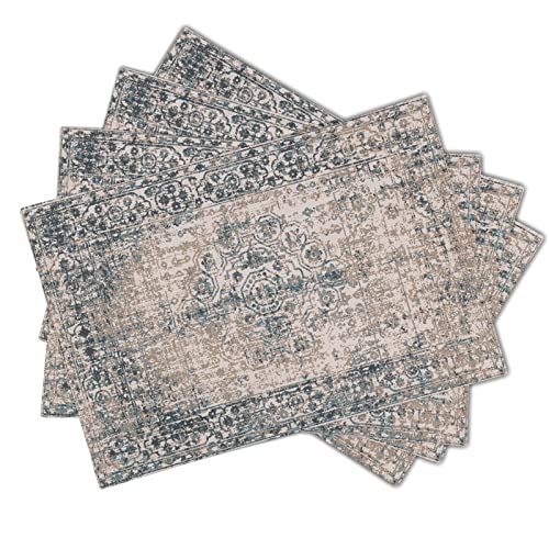 Image of Grey Brown Ethnic Boho Placemats Set of 4 Bohemian Carpet Vintage Gray Linen Washable Kitchen Dining Table Mats Stain Heat-Resistant Desktop Decor Place Mats for Home Party Indoor 12x18 in