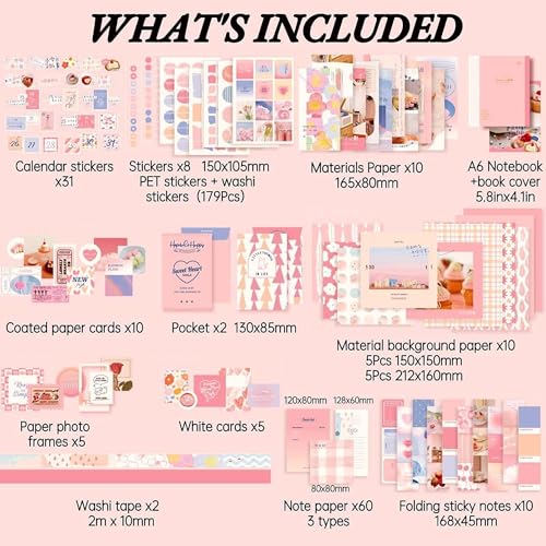 Image of Vintage Aesthetic Scrapbook Kit(346Pcs) Scrapbooking Supplies Kit with Bullet Junk Journal,Stationery,A6 Grid Notebook Journaling Gift for Girl (Pink Scrapbook)