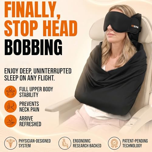 Image of 3-in-1 Airplane Sleep Support System - Integrated Plane Sleeping Accessories with Memory Foam Long Haul Flight Pillow, Adjustable Travel Eye Mask, and Blanket-Like Body Sling - Fits in Carry On
