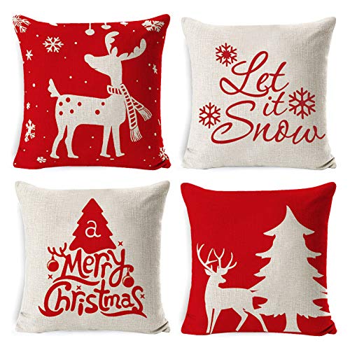 4 Federe Per Cuscini Natalizie - 45x45 Cm - Cotone Lino - Tema Natale - Cuscini Decorativi Per Divano