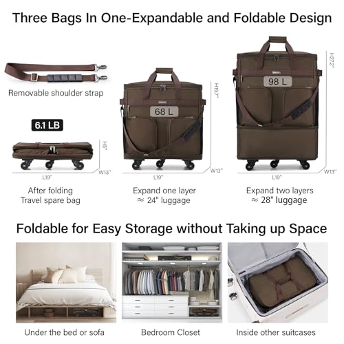 Image of Hanke Suitcases with Wheels Expandable Foldable Luggage Bag Suitcase Collapsible Rolling Travel Bag Duffel Bag for Men Women Lightweight Suitcases without Telescoping Handle, Coffee Upgrade Version 2