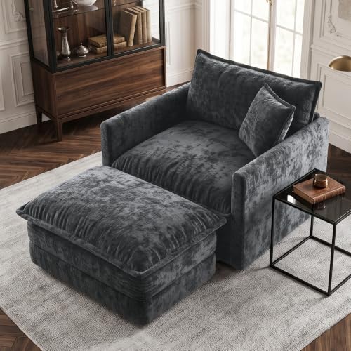 Chenille Modular Single Sofa with Ottoman, Cloud Couch with Pillow,Black