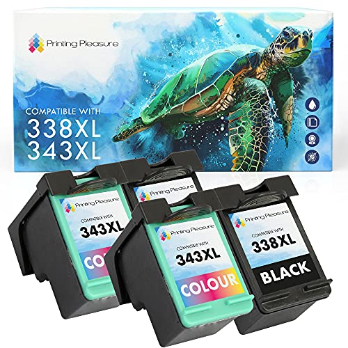 Printing Pleasure 4 Compatibles HP 338 & HP 343 Cartuchos de Tinta para Photosmart 2610 8150 8750 C3180 DeskJet 460 460c 5740 OfficeJet 100 150 6210 7310 H470 PSC 2355 - Negro/Color, Alta Capacidad