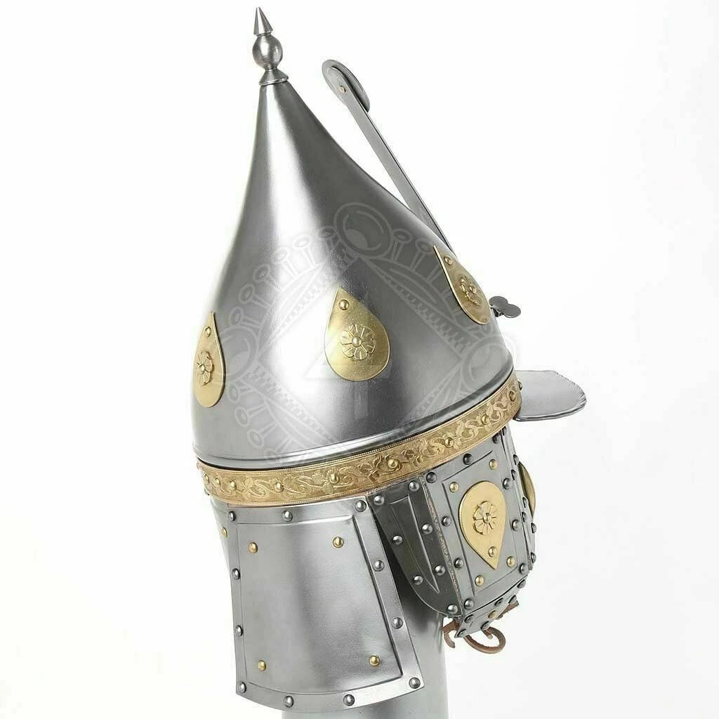 Medieval Armor Collection Lobster-Tailed Pot Helmet, 16th Century German Style, Silver with Gold Accents, Decorative Historical Replica