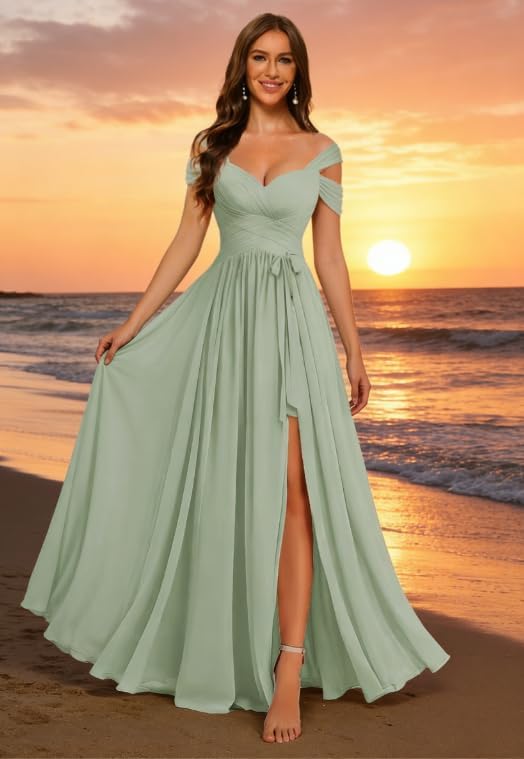Women's Off Shoulder Bridesmaid Dress with Belt Chiffon Ruched Formal Evening Gowns YY004 - Image 8