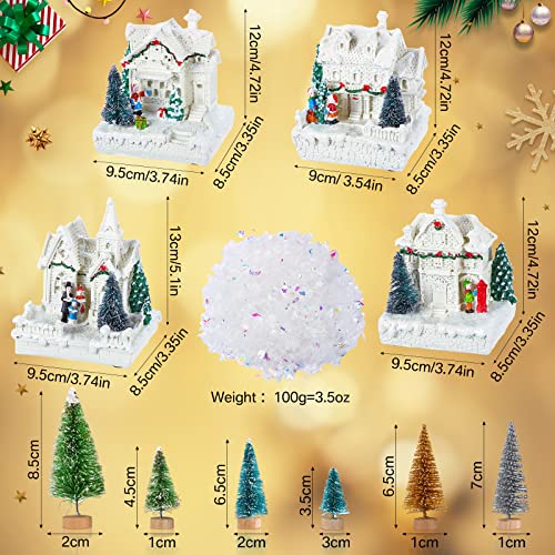 15 Pcs Christmas Village Accessories Set 4 Led Lighted Christmas Village Houses 10 Frosted Trees 3.5 oz Fake Snow for Christmas Village Collection Tabletop Mantel Shelf Indoor Room Decor (Elegant)