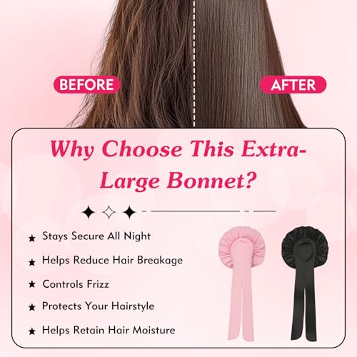 2 Stück Satin Seidenhaube zum Schlafen in Seidenoptik, Verstellbare Haarhaube für die Nacht für Lockiges und Lange Haare, Bonnet Sleep Cap, Bonnet Seide Schwarz und Rosa