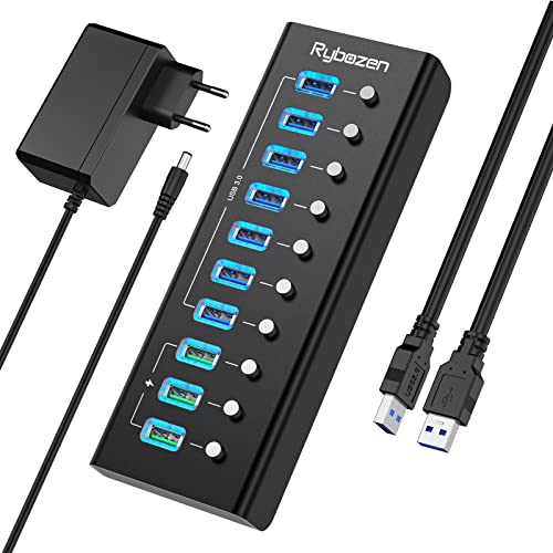 Hub Usb Alimentado Hub USB 3.0 Alimentado 10 Puertos, 7 Puertos de Datos USB 3.0 Super Speed y 3 Puertos Quick Charge Indicador LED, Botón...