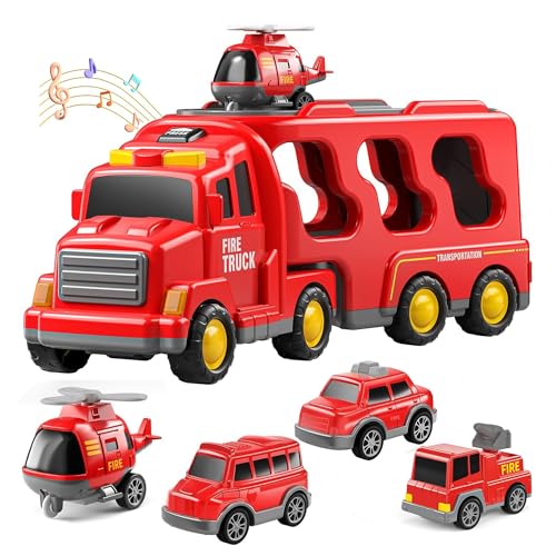 Image of 5-in-1 Friction-Powered Fire Truck Toy Set with Music - Montessori Educational Transport Carrier Vehicle Toy for Boys & Girls, Fun Birthday Gift for Kids Ages 3+