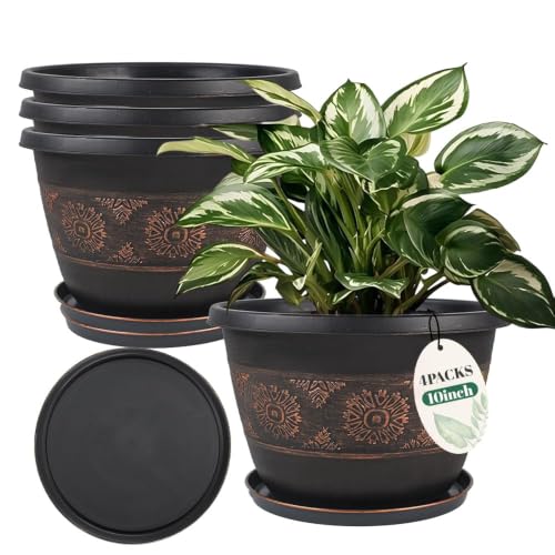 Usocik 10 Inch Plant Pots, 4 Pack, Copper Retro Floral