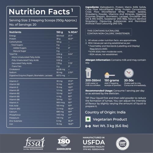 Image of Nutrabay Gold Bulk Up Mass Gainer Powder - 3kg, Strawberry | 30g Protein, 104g Carbs, 554 Calories | Easy to Digest | 100% Veg Muscle Building & Weight Gainer Supplement for Men & Women