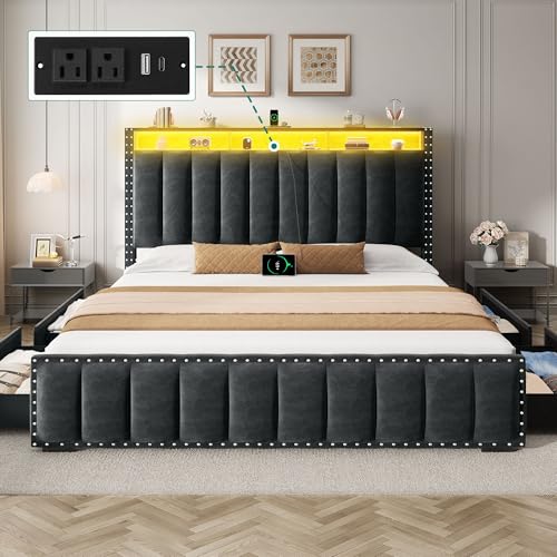 YITAHOME Full Size Bed Frame with 4 Storage Drawers and RGB LED Lights, Velvet Upholstered Platform Bed with Charging Station and Bookcase Storage Hea