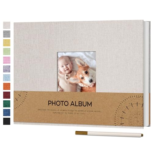 Vienrose Álbum de Fotos Autoadhesivo con Ventana para Fotos de 10x15, Pequeño Álbum de Recortes de Lino 60 Páginas Blancas DIY Libro de Recortes con Bolígrafo de Metal, 21,5x30 cm Beige