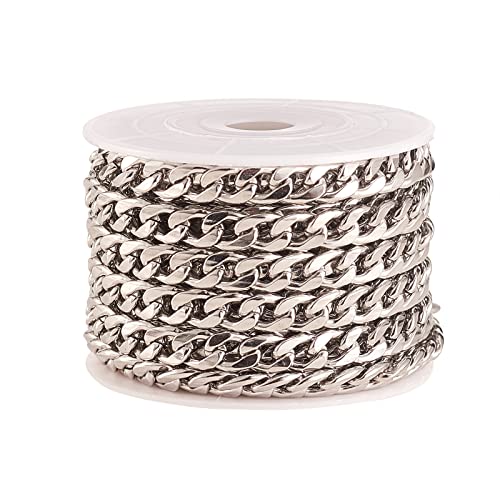 LiQunSweet 5m/16.4ft 304 Stainless Steel 11x7.5mm Miami Curb Cuban Link Chains Chunky Twist Curb Chains Roll with Spool for Pendant Necklace Jewelry Making