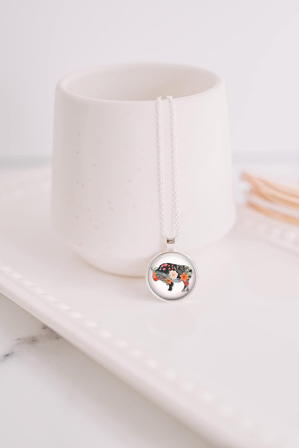 Floral Bison Pendant Necklace, Silver-Tone Cabochon with 20 Inch Chain, Bohemian Style Jewelry, Wildlife Themed Gift for Women