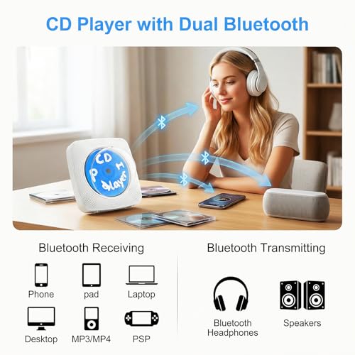 Image of Gueray CD Player Portable Bluetooth: Mini CD Player with 1800mAh Battery Desktop & Wall Mountable for Home /Kitchen Personal CD Player with Speakers FM Radio for Kids & Kpop Fans