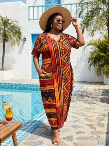 Image of Plus Size Maxi Dress for Women Short Sleeve V Neck Casual Loose Sundress with Pockets