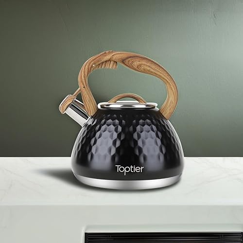 Miniatura 5 de toptier - Tetera silbadora con mango de madera, silbato fuerte, acero inoxidable de grado alimenticio para estufas de inducción con diseño de