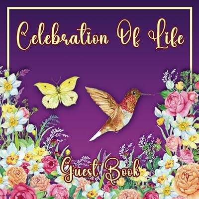 Purple Funeral Guest Book With Butterfly, Hummingbird & Flowers- Celebration Of Life