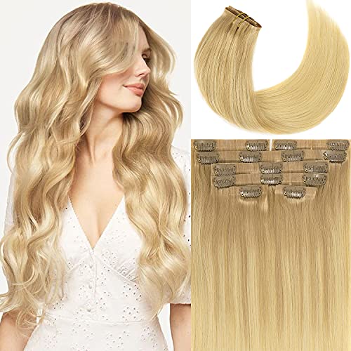 Lacer Human Hair Seamless Clip in Extensions Hair Extensions Light Golden Brown to Bleach Blonde Natural Hair Extensions Ultra Soft Clip in Human Hair 22 Inch 7pcs 110g