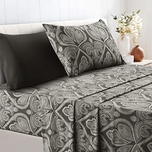 Lux Decor Collection Bed Sheets - 4 Pc Twin Sheets Set - 1800 Thread Count Brushed Microfiber Sheets - 16 Inches Deep Pocket Bedding Sheets & Pillowcases (Twin, Paisley Grey) #TOP6