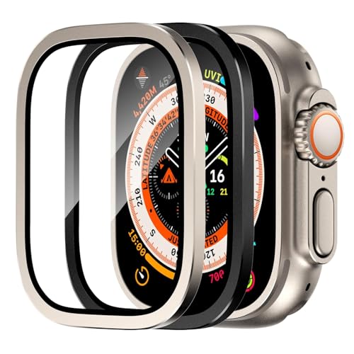 Image of HANKN for Apple Watch Ultra 3 /Ultra 2 /Ultra Screen Protector 49mm [2 Pack],9H Tempered Glass + Titanium Alloy Frame, [Keep Original] [Touch Sensitive] Lightweight Protective Glass Film for iwatch Ultra 3 /2 /1 [Black+Titanium]