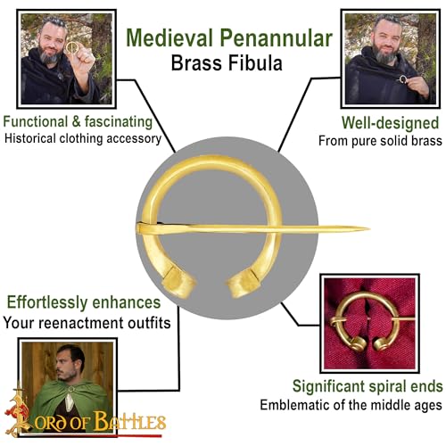 Lord of Battles Viking Pennanular Renaissance Solid Brass Brooch Medieval Functional Fibula Rolled Edges Cloak Pin Cosplay Costume Dress Up Viking Theater Accessory