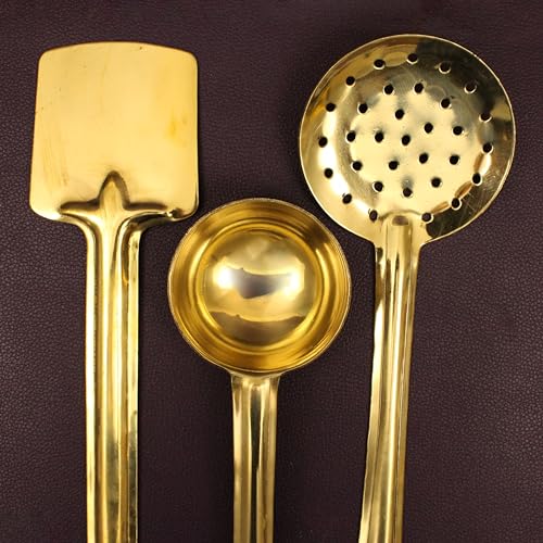 Image of Putrika Brass Ladle|Pital Karandi|Dosa Karandi|Kuli Karandi|Jali Karandi|Cooking and Serving Ladle|Kitchenware|Brass Cookware Ladle Set of 3 (Medium-Karandi Set)