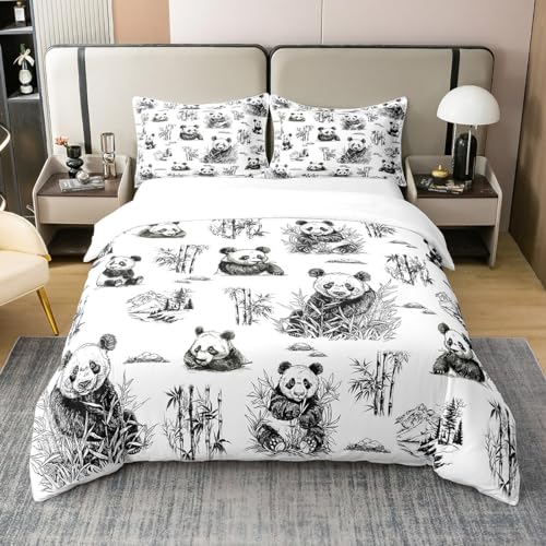 Homemissing Panda Housse de Couette Enfants Cute Animaux 100% Coton Parure de Lit 220x240cm pour Garçon Noir Blanc Sets de Housse de Couette Panda Ours Bamboo Imprimer...