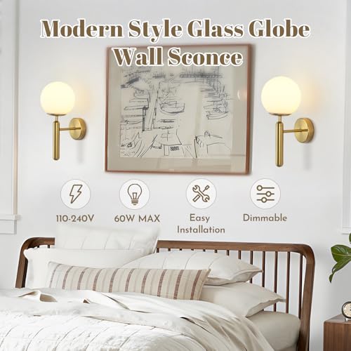 Image of KCO Lighting Milk Glass Globe Wall Sconce Mid Century Brushed Brass Wall Sconces Modern Gold Wall Light Vintage Bathroom Vanity Light Fixtures for Bedroom Hallway