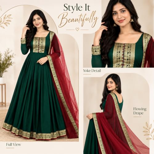 Image of Elegant Vichitra Silk Gown with Jacquard Zari Border - Includes Soft Net Dupatta with Lace Trim - Parrty Wear Ethnic Dress for Women & Girls
