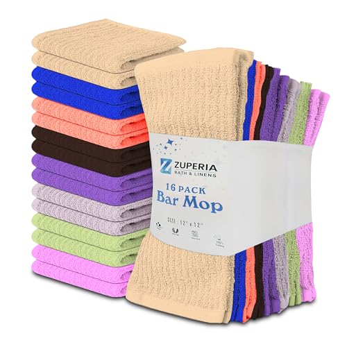 ZUPERIA Premium Bar Mop 16 Pack (12 x 12) - 100% Cotton Cleaning Towels Made with Ribbed Design for Quick and Easy Cleanups - Everyday Kitchen and Dish Towels (RibbedMulti, 12