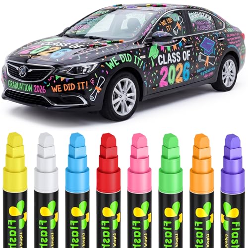 Gilprop 8 Pcs 2026 Graduation Car Decorations 6 mm 8 Colors Window Markers for Glass Washable 2026 Graduates Dry Erase Chalk Markers for Car Window Wedding Glass Auto Windshield Whiteboard