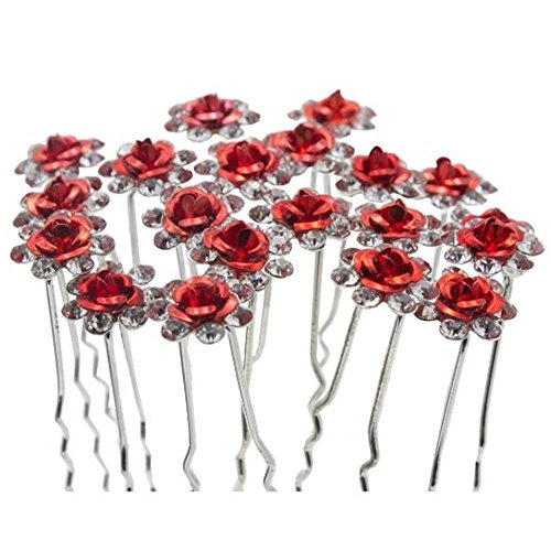 20Pcs Bridal Hair Pins, U-Shaped Pearl Rose Flower Rhinestone Crystal Hair Clips Barrette for Prom Party Wedding Bridal Bridesmaid Jewelry Hair Accessories (Red) - Happy Hours