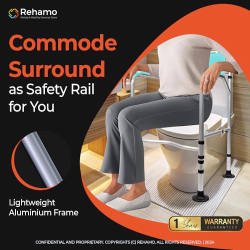 Image of Rehamo Commode Frame, for Elderly & Pregnant Women| Foldable Portable Commode Surround with Adjustable Height, and Width | Easy Mobility | Anti Slip Support | Universal Size | 1 year Warranty