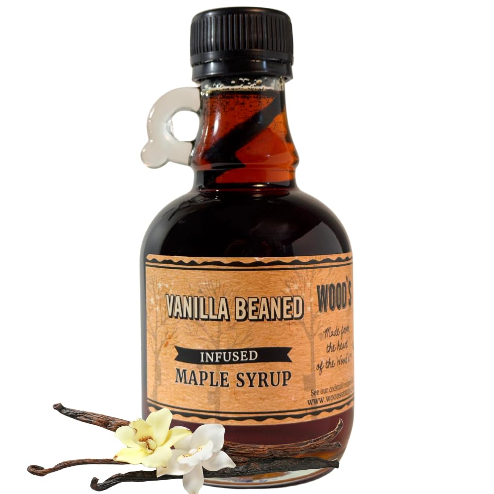 WOOD'S Vanilla Beaned Maple Syrup – Infused Vermont Maple Syrup with Real Vanilla Bean Pod | Smooth, Rich, All-Natural & Vegan Sweetener | Perfect for Breakfast, Baking, Seafood, Popcorn & More | 8.45 Fl Oz (250mL)