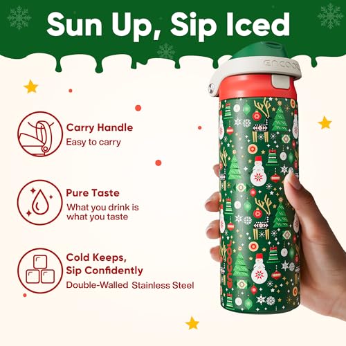 Image of Christmas Insulated Water Bottle with Straw - Leak Proof Stainless Steel Water Bottle for School, Travel, Keeps Cold All Day, One-Touch Flip Lid, Holiday Gifts For Women Men, 24 oz, Frosty Forest