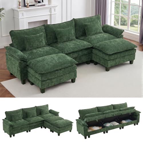 Image of IPKIG 117 inch Modular Cloud Couch with Storage, U Shaped Sectional Sofa with Ottoman & Pillow, Chenille Deep Seat Sectional Couches for Living Room, Apartment, Green