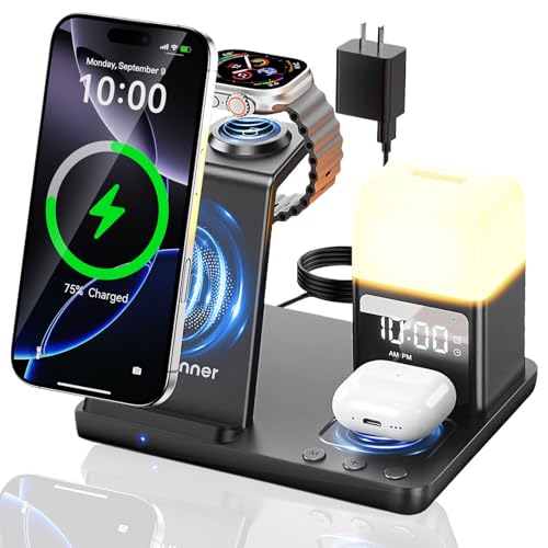 Augnner 6 in 1 Upgrated Wireless Charging Station for iPhone with Alarm Clock & 3-Color Light, Fast Charger Station for iPhone 16/15/14/13/12 Series, Compatible with Apple Watch 1-10 Airpods 4/3/2/Pro