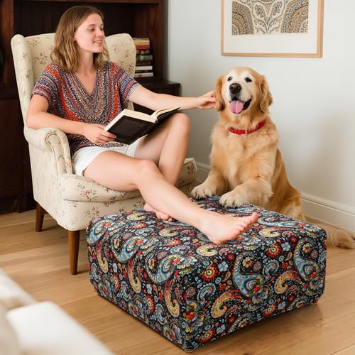 Image of YISUN Ottoman Cover Square, Stretch Printed Ottoman Slipcover Square, Thick Storage Ottoman Covers Washable Footrest Stool Cover Protector with Nonslip Elastic Bottom