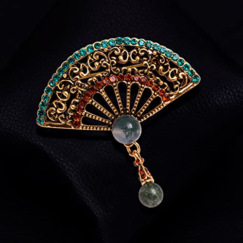 Image of Pearl Fan Brooch Chinese Fan Brooch Rhinestone Pearl Brooch for Women Lady Girl