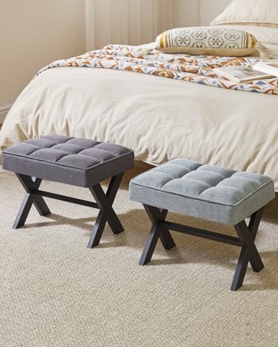Image of IBUYKE Small 12 inch H Footrest, Square Linen Step Stool, Blue Gray WBD011L | Foot Stool Metal X-Leg Multi-Use Small Side Table Living Room Bedroom Entryway Office