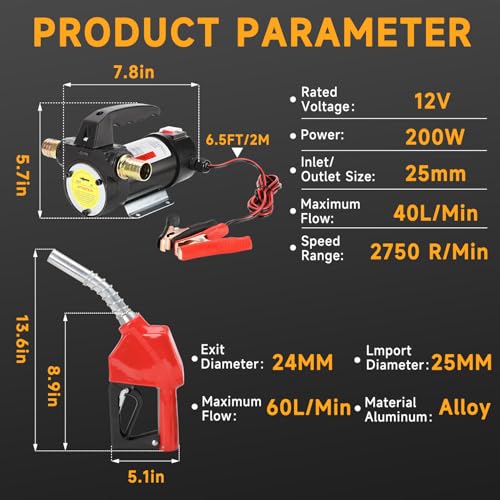 12V DC Diesel Fuel Transfer Pump Kit, Self-priming Electric Diesel Transfer Pump -10 GPM Flow, Fuel Transfer Extractor Pump Kit with Nozzle and Hose for Diesel, Kerosene, Motor Oil and Transformer Oil