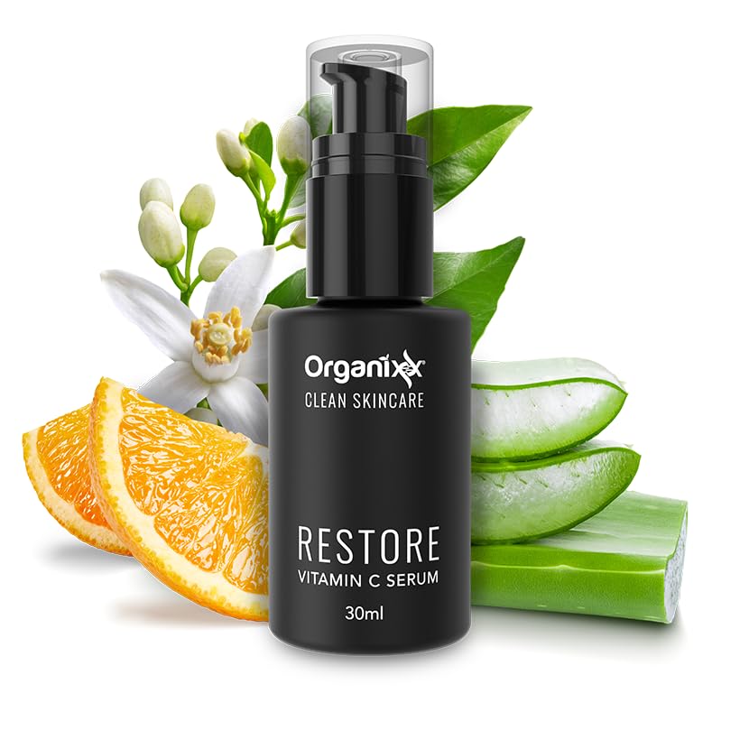 Organixx Restore Vitamin C, suero facial diario con ácido hialurónico, vitamina E orgánica, hamamelis, glicerina y aloe vera, fórmula iluminadora,