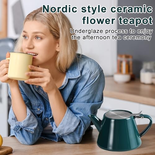 Teekanne mit Siebeinsatz, 500ML Edelstahl Feinmaschiger Infuser Teekanne Porzellan mit Herausnehmbarem Edelstahl-Teesieb, Isolierende Teekanne Keramik für längeren Teegenuss (Dunkelgrün)