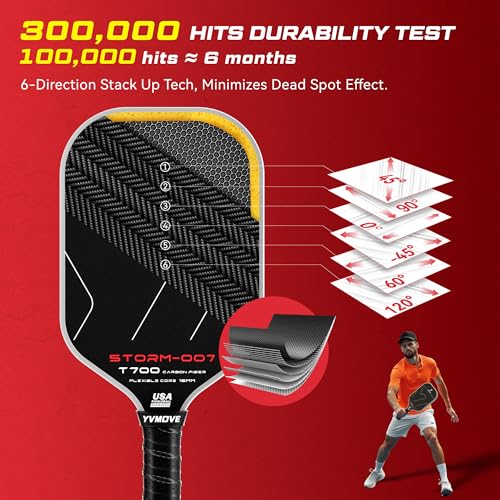 Image of USAPA Approved 6-Layer Construction T700 Carbon Fiber Pickleball Paddle, 16mm Thermoformed Pickleball Racket with High Spin & Extended Grip, Professional Pickleball Paddle for Control and Power