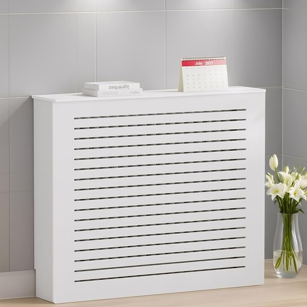 Radiator Cover with Shelf, White Wooden Cabinet with Louvered Grill, Modern Heater Cover to Hide Unsightly Radiators for Living Room,White,32”Lx10“Wx32”H